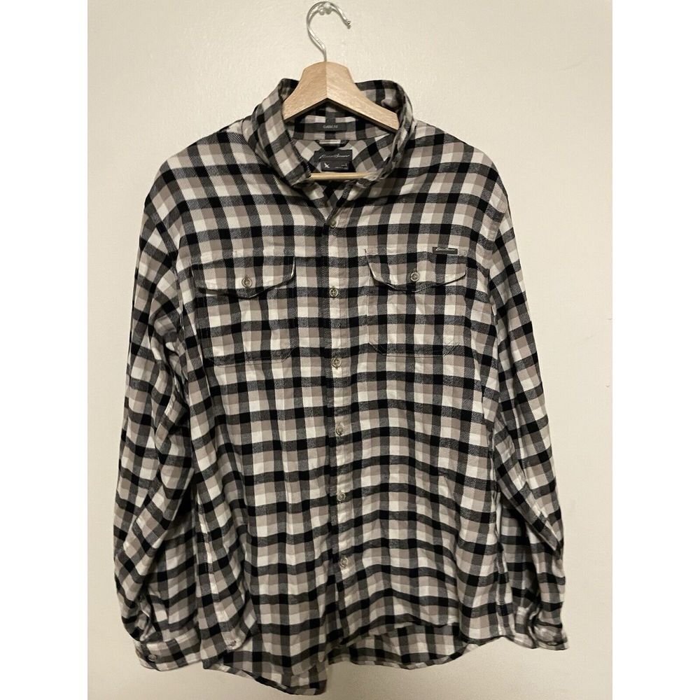 Eddie Bauer Mens L White‎ Black Tan Flannel Shirt Plaid Long Sleeve